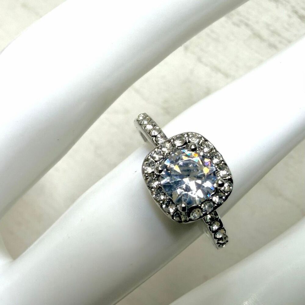 Silver Tone Halo CZ Engagement Style Ring